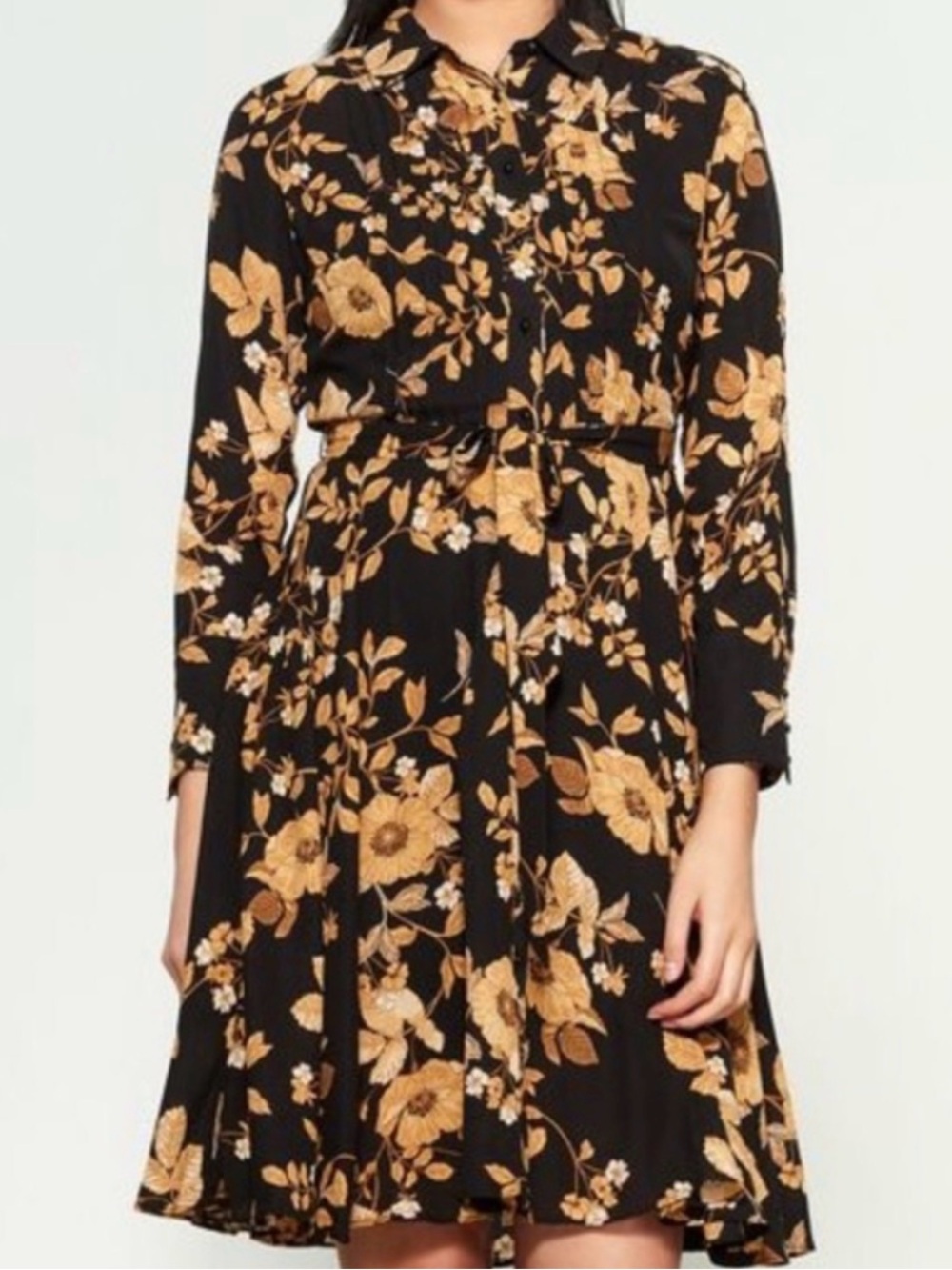 Nanette Lepore Black and Gold Floral Long Sleeve Midi Dress